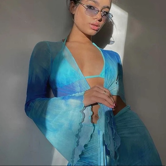 Blue Cozumel Asymmetrical Bodycon Skirt Set Beach Festival Coverup Mini Coverup - Picture 14 of 14